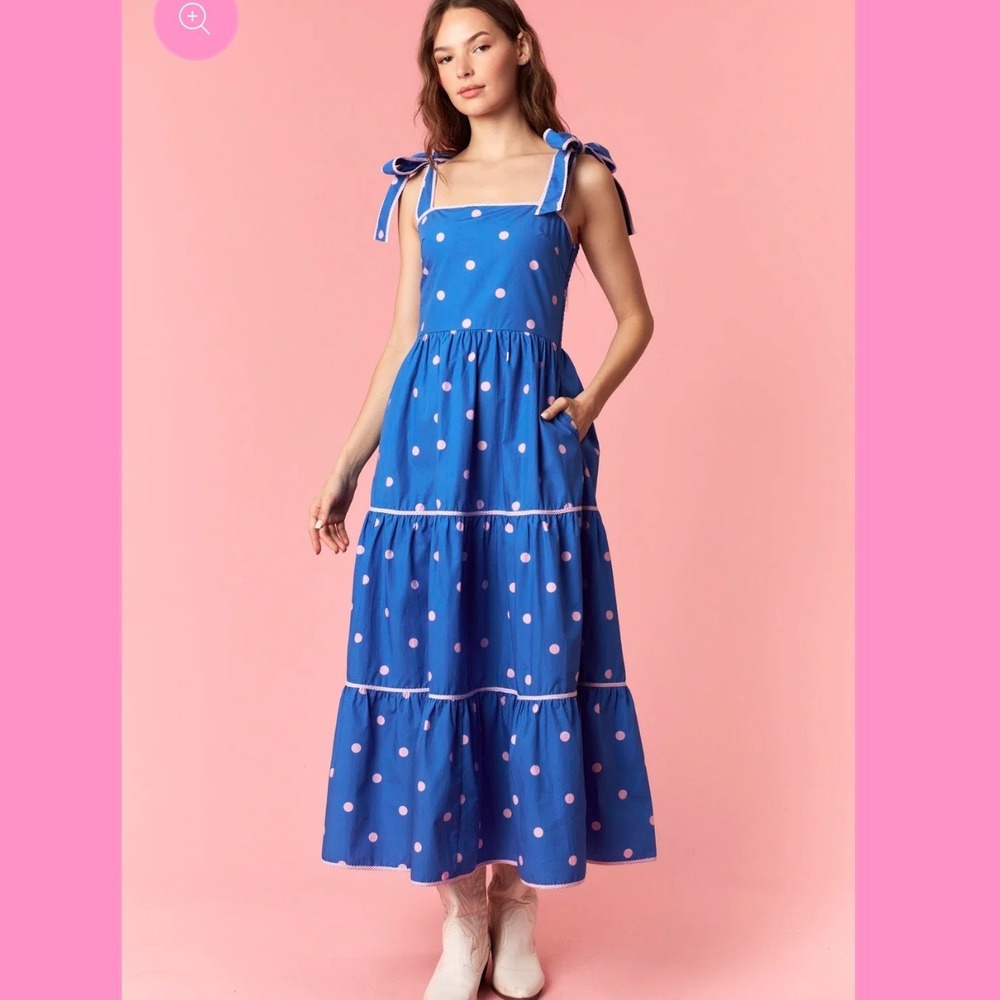 NEW Boutique Daydream Dotted Peach Love Blue Pink Polka Dot Maxi Smock Dress L